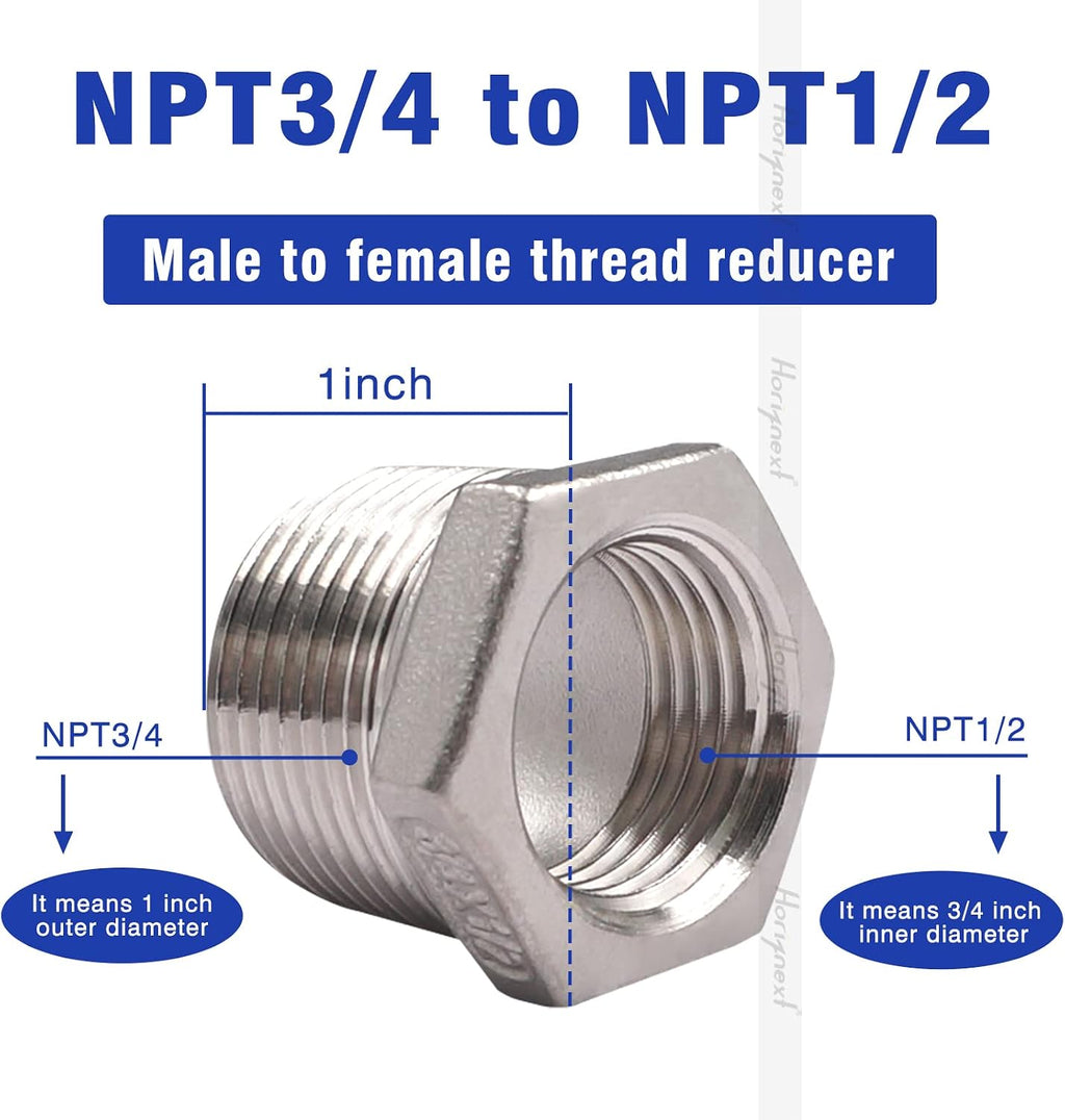 3/4 NPT Male x 1/2 NPT Female Stainless Steel Hex Bushing, 2 Pack