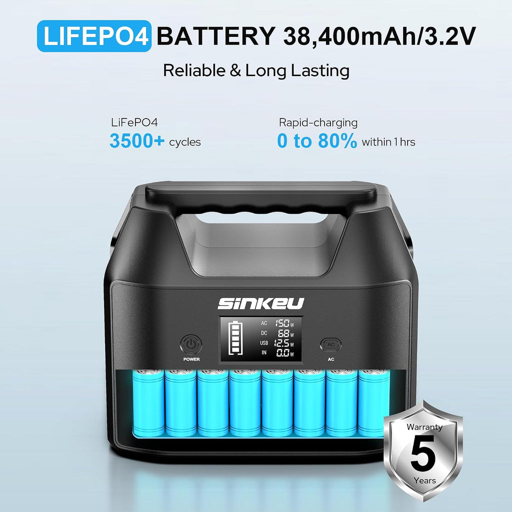 Portable Power Station 122.8Wh, 150W Power Bank with AC Outlet | SinKeu LiFePO4 Battery Solar Generator for Home Use