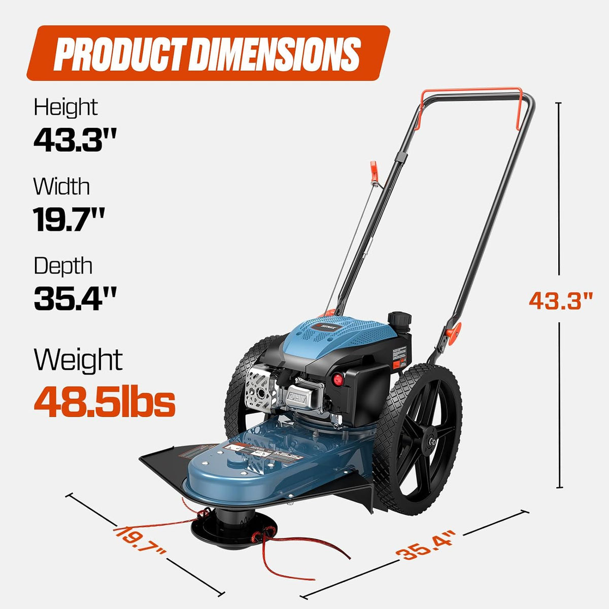 22 Inch Walk Behind String Trimmer, 160cc 4-Cycle Engine Gas Brush Hog Mower with 14" Rubber High Wheels & 5-Height