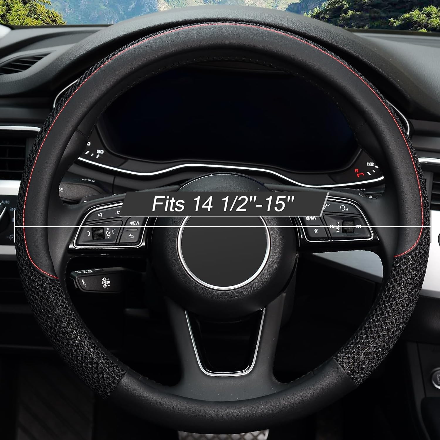 15 inch Steering Wheel Cover, Cooling Ice Silk Mesh with Microfiber Leather, Ultra Breathable, Anti Slip Car Grip