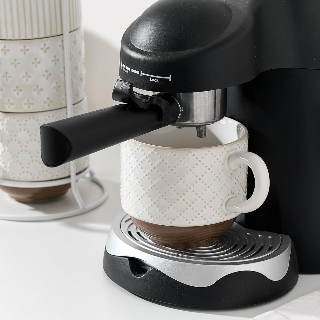 Large Ceramic Coffee Mug Set of 4 with Stand, 15 Oz Stackable Different Embossment Ribbed Latte Cup Set for