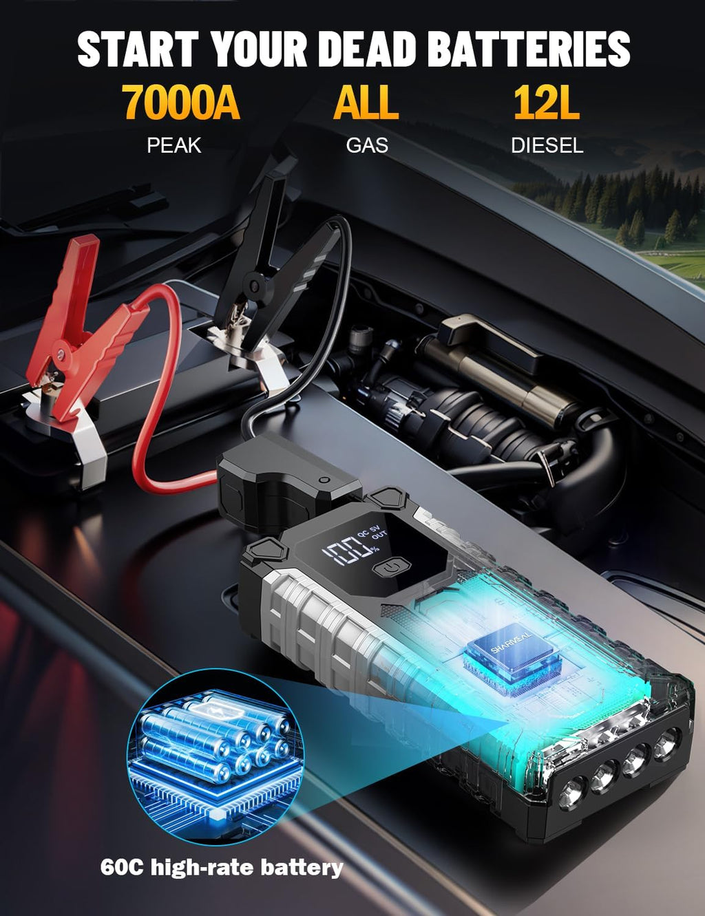 Car Jump Starter 7000A, Jump Starter Battery Pack for All Gas and 12.0L Diesel, 12V Portable Jump Box with LED Light