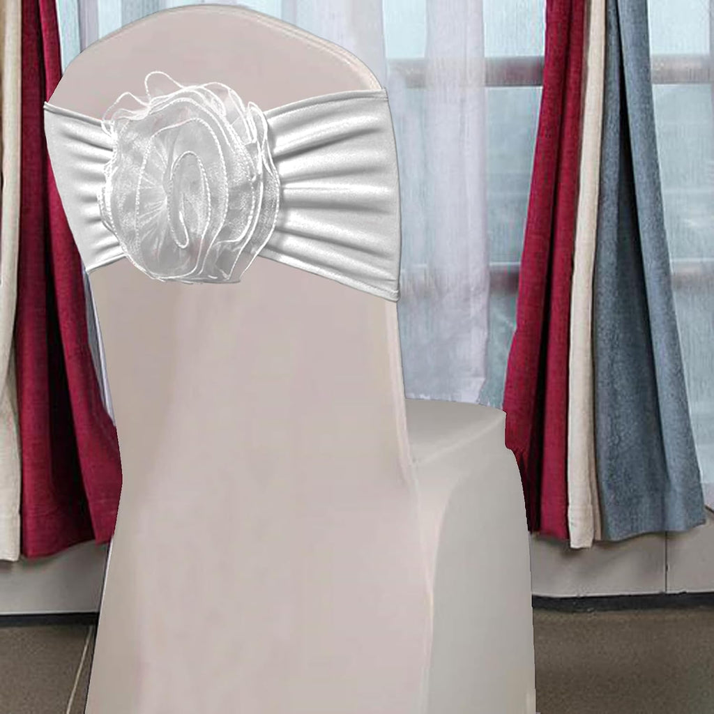 SFN 2 PCS White Flower Chair Sashes Chair Cover Chair Spandex Bands Bows tie for Thanksgiving Christmas Wedding