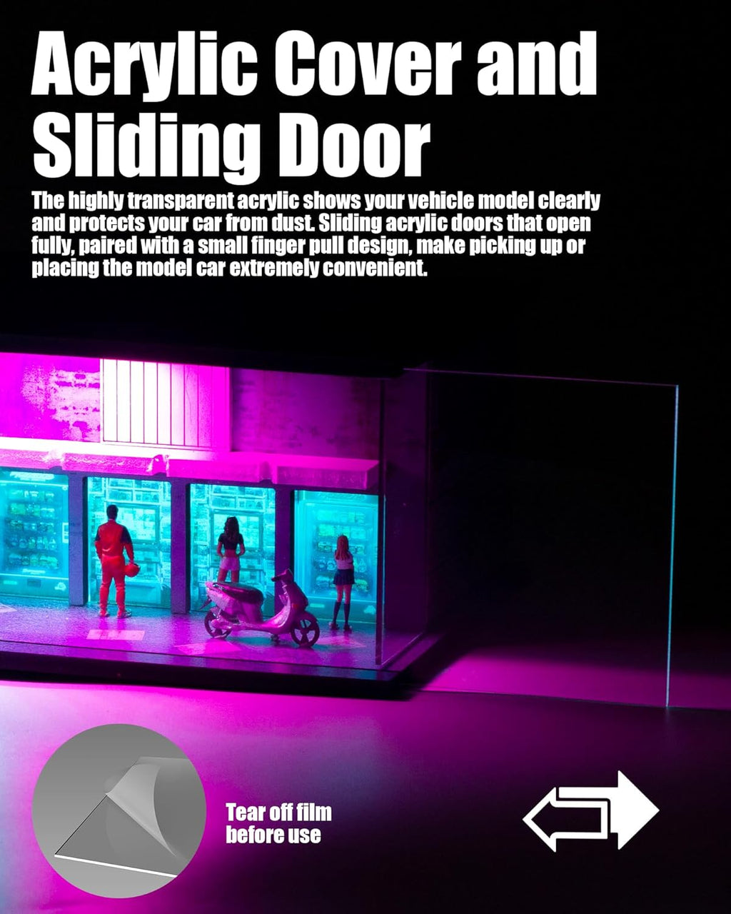 1/64 Scale Display Case Car Garage Diorama, Cyberpunk Acrylic Clear Diecast Car Showcase with Blue & Purple LED