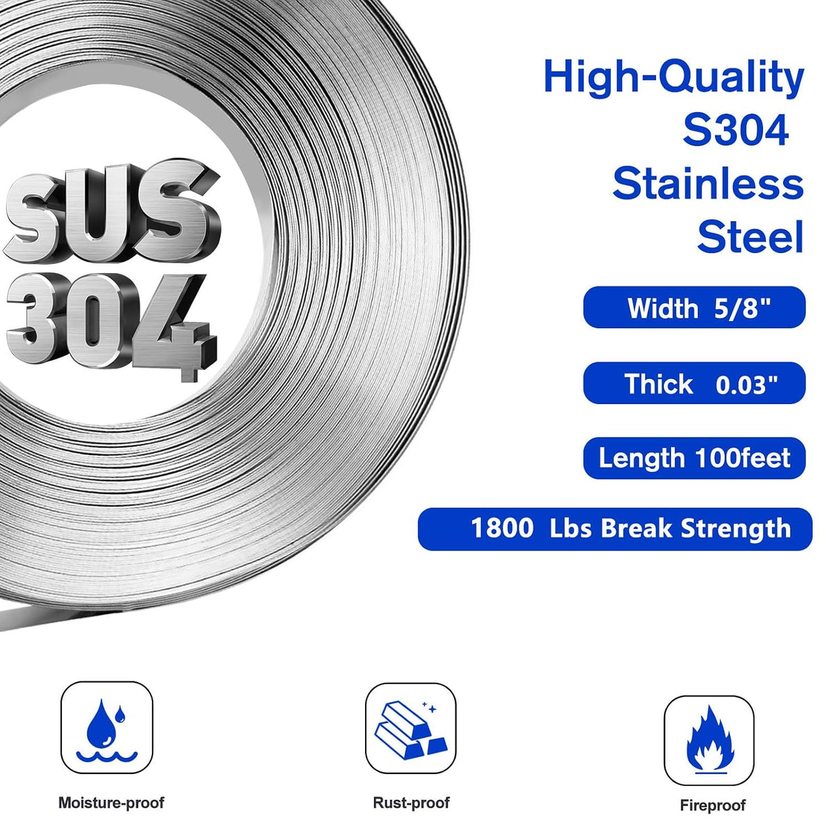 304 Stainless Banding Strap 100FT * 5/8"W * 0.03"T Steel Strapping