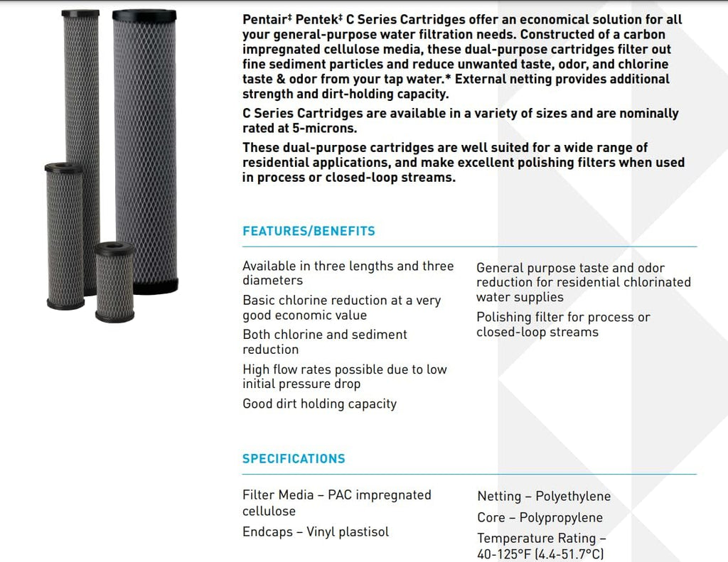 Pentair Pentek C1-20 Dual-Purpose Carbon Cellulose Water Filter, 5 Micron