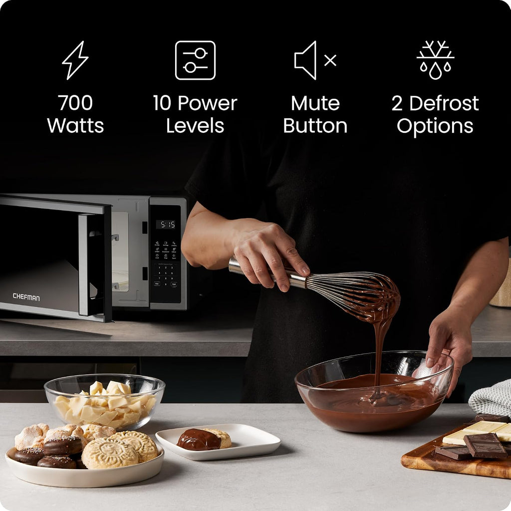Compact Countertop Microwave, 0.7 Cu Ft, 700W, Stainless | 10 Power Levels, 3 One-Touch Presets, +30 Second Button