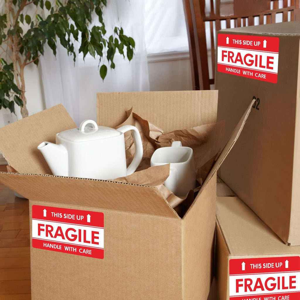 This Side Up Fragile Stickers 3x5 inch Handle with Care Shipping and Packing Warning Adhesive Label 100 Per Roll (3x5