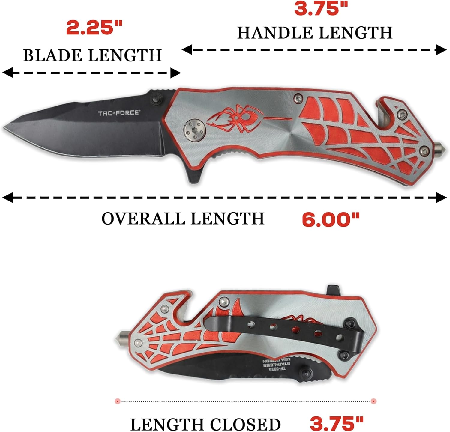 Rescue Style Pocket Folding Knife – Stainless Steel Drop Point Blade – Aluminum Handle– Pocket Clip, Glass Breaker &