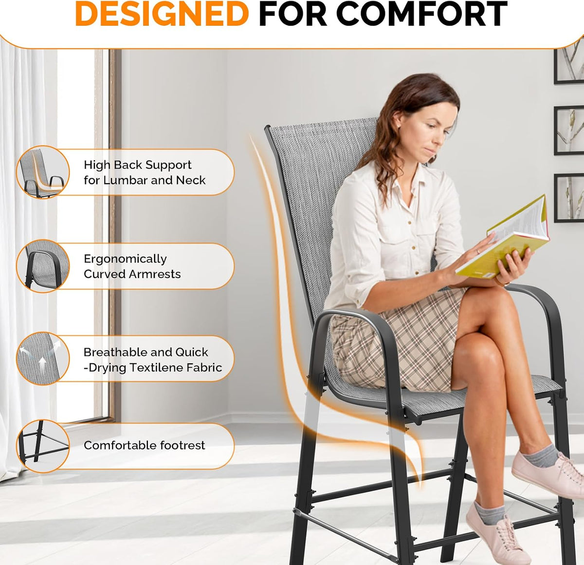 Set of 4 Stackable Outdoor Bar Stools – Sling Chairs with High Back & Armrests