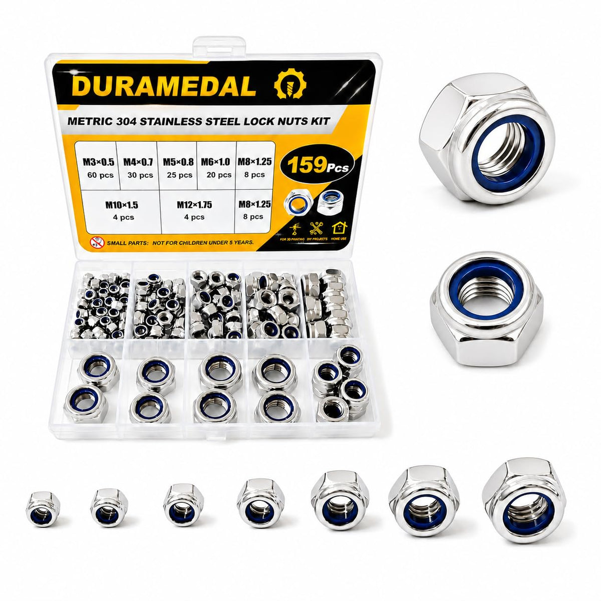 Metric Lock Nut Assortment Kit,159Pcs Stainless M3-M12 Nylock Nuts