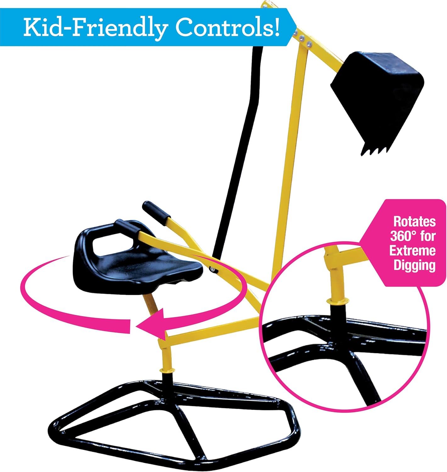 Crane Digger Toy, Ride On w Safer Stabilizing Base- Kid Outdoor Excavator | Play in Backyard- 100lb Capacity- Swing &