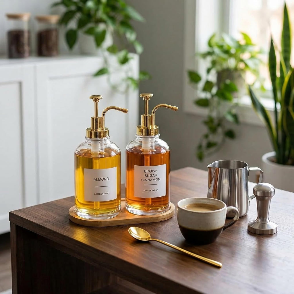 16.9oz Coffee Syrup Dispenser with Coffee Spoons & Bamboo Tray,2 Pack