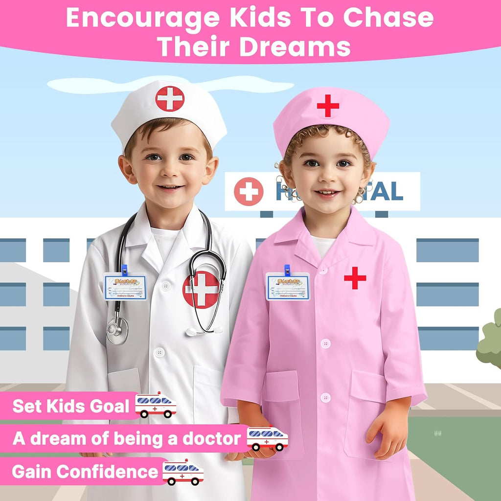 Kids Doctor Coat Set With Stethoscope,Children Cosplay Dress up,Career Day Gift for Boys and Girls 3-12Years Old 4PCS