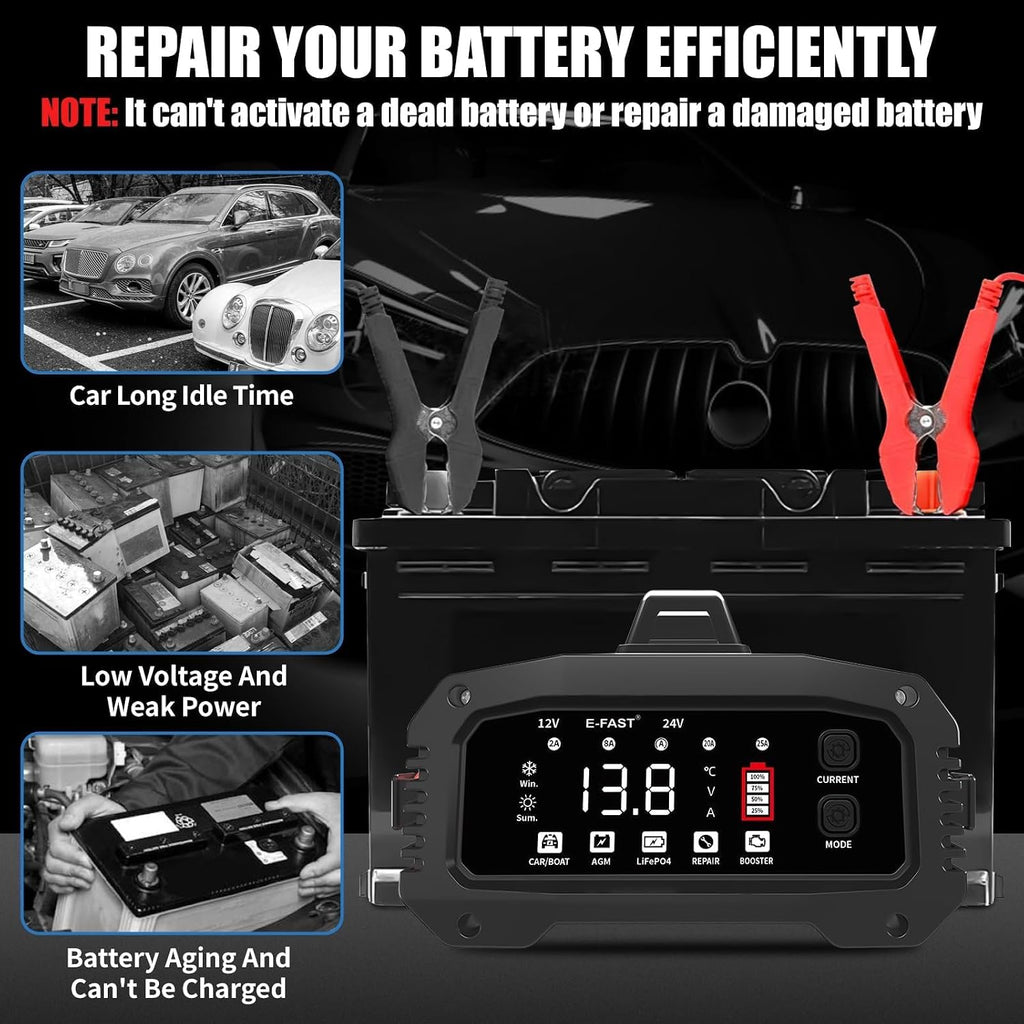 25A Smart Car Battery Charger, 12V/24V Automatic Automotive Battery Maintainer & Desulfator with 200s Booster Mode