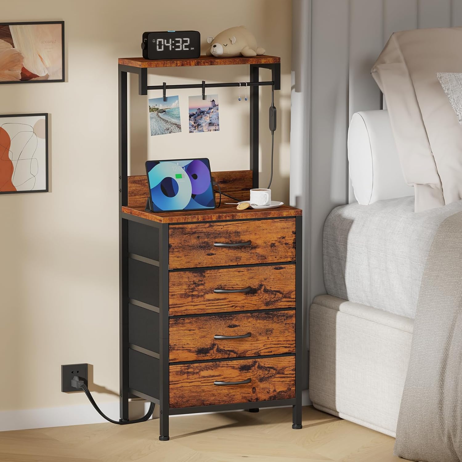 Night Stand Set 2, 38" Tall Bedside Table with Charging Station | RGB LED Lights, Storage Wood Shelves & 4 Fabric