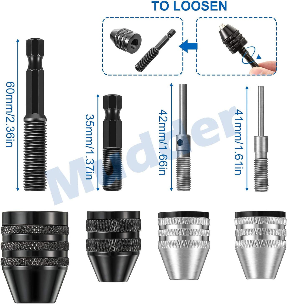 Mudder 4 Pcs Keyless Drill Chuck for Impact Driver, 1/4, 1/8, 1/16 Inch