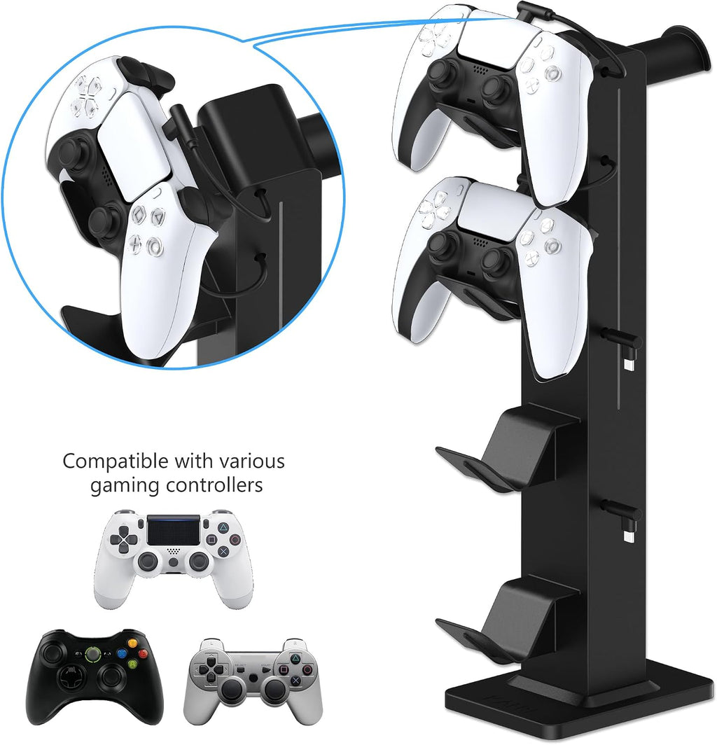 RGB Gaming Headphone Stand with Controller Holder, Desk Organizer with Retractable Charger Cable, 2 AC Outlets & 4