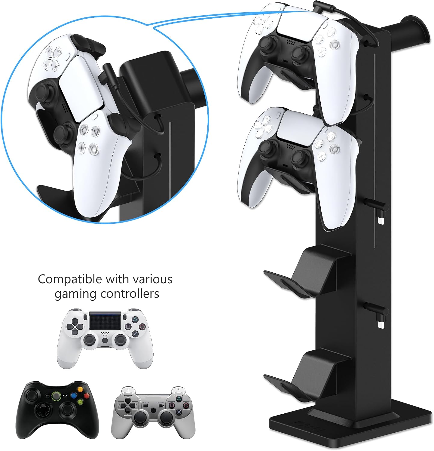 RGB Gaming Headphone Stand with Controller Holder, Desk Organizer with Retractable Charger Cable, 2 AC Outlets & 4