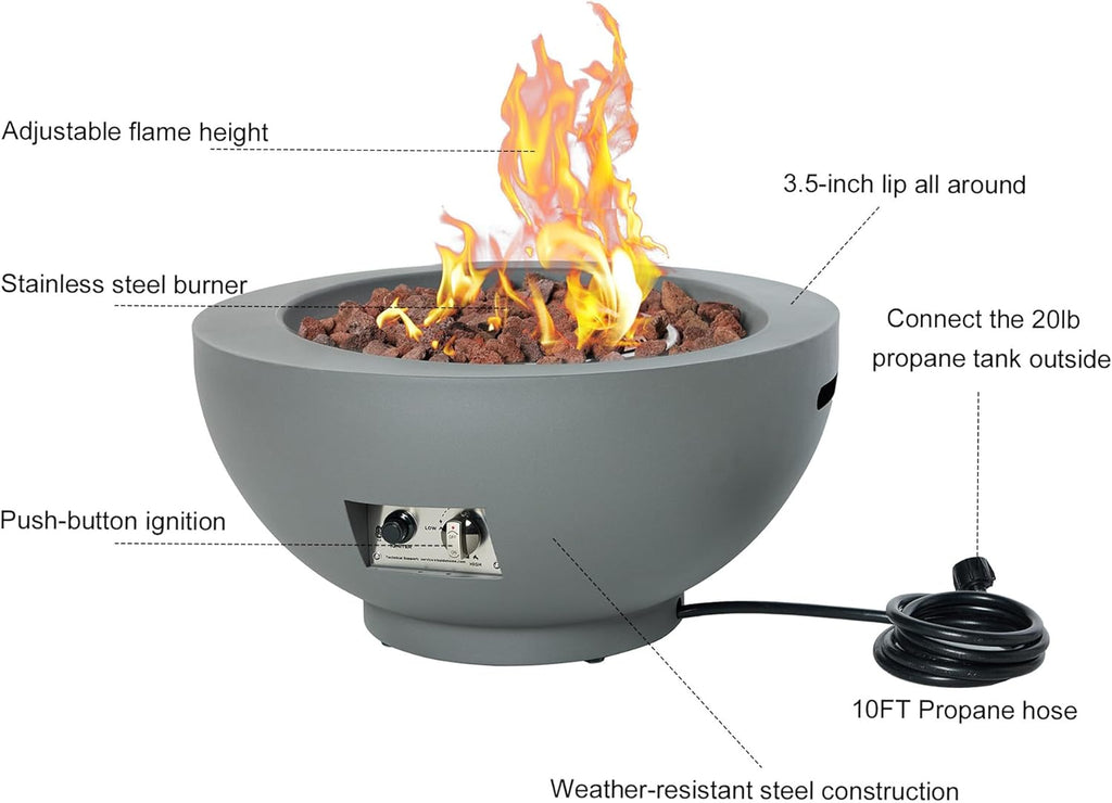 28-Inch Fire Table, 55,000 BTU Outdoor Propane Fire Pit, Patio Round Fire Bowl Gas Firepit with Lid, Lava Rocks