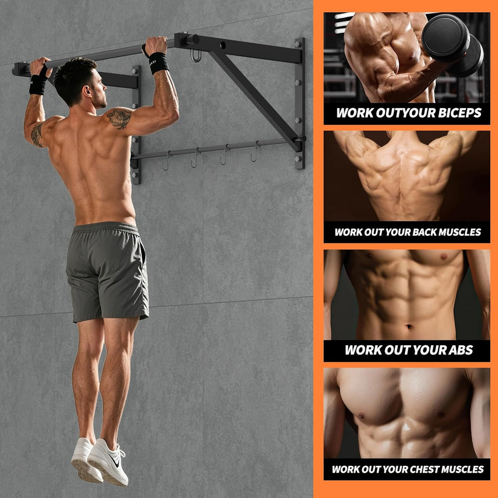 Adjustable Depth Pull Up Bar, Wall & Doorway Mounted Chin Up Bar with Hooks, Thickened Steel Construction, 500LBS