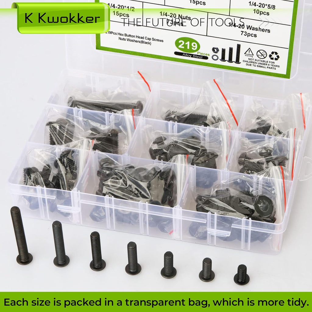 1/4 20 Bolt and Nuts Button Head Hex Socket Cap Screws, 219Pcs
