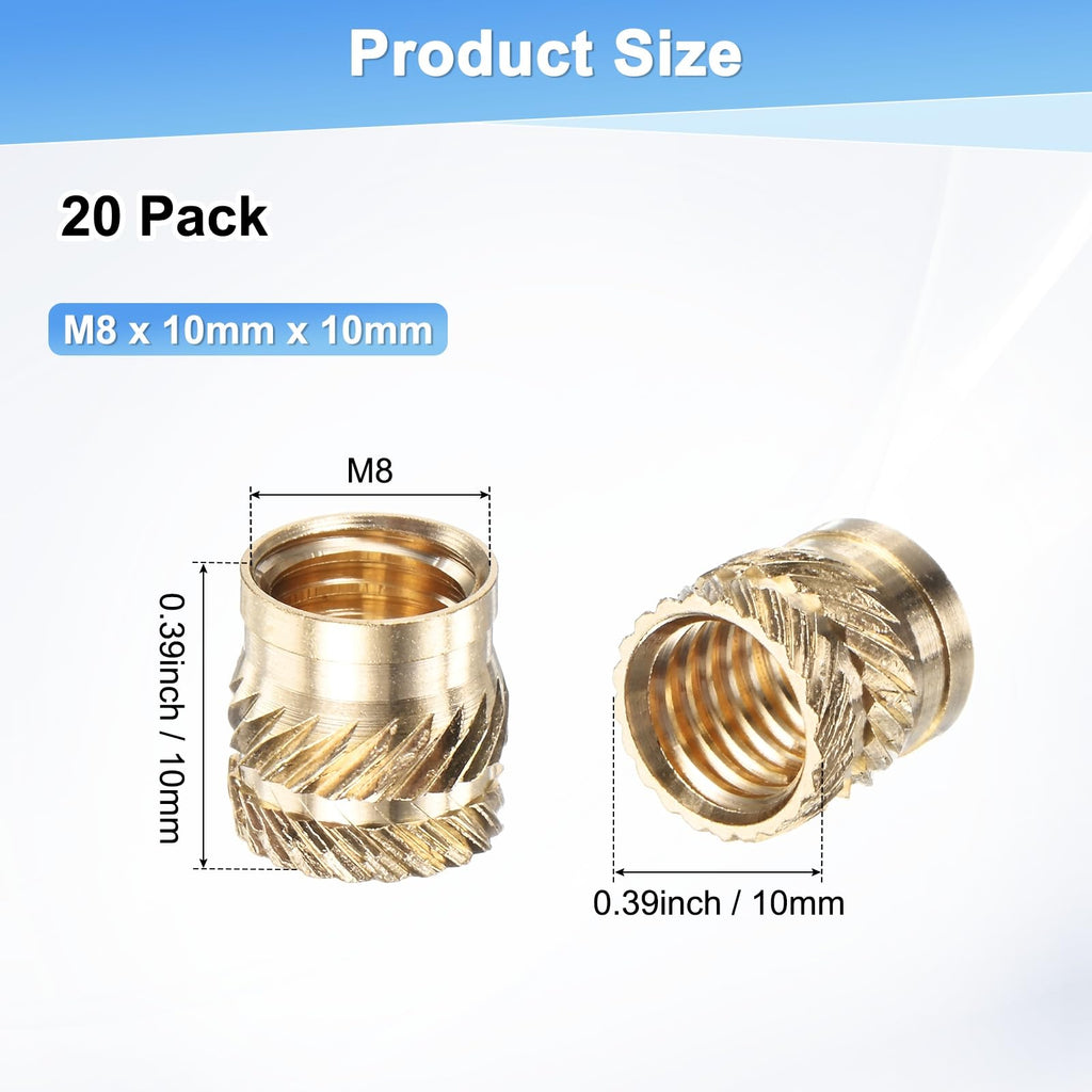 M METERXITY 20-Pack Threaded Inserts M8x10x10mm Brass