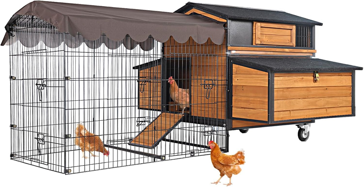 Chicken Coop with Wheels - Spacious 76" Metal Frame Chicken House with 6 Nesting Box and Leakproof Pull-on Tray