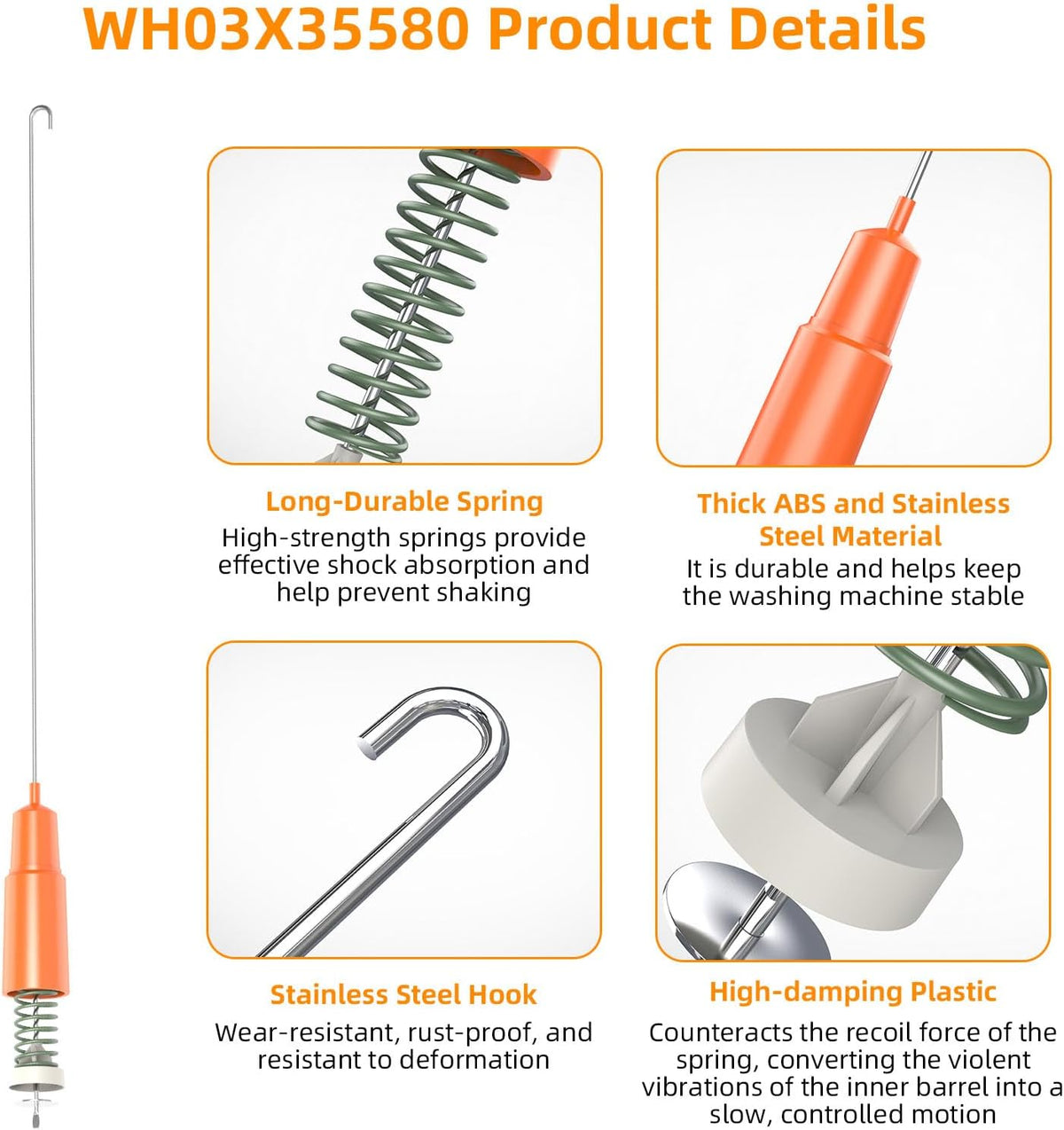 4 Pack WH03X35580 Washer Suspension Rod Kit Replacement for GE Washer