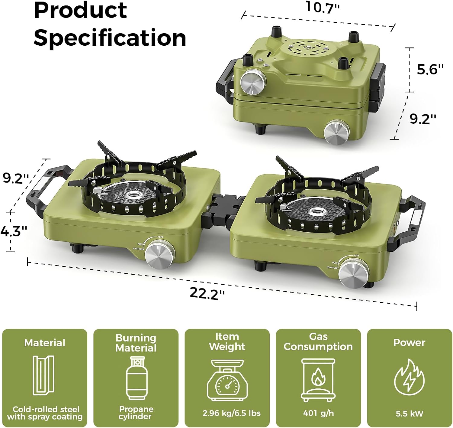 Propane Camping Stove 2 Burner, 36,000 BTU Infrared & Open Flame Hybrid, Windproof Folding Portable Outdoor Gas