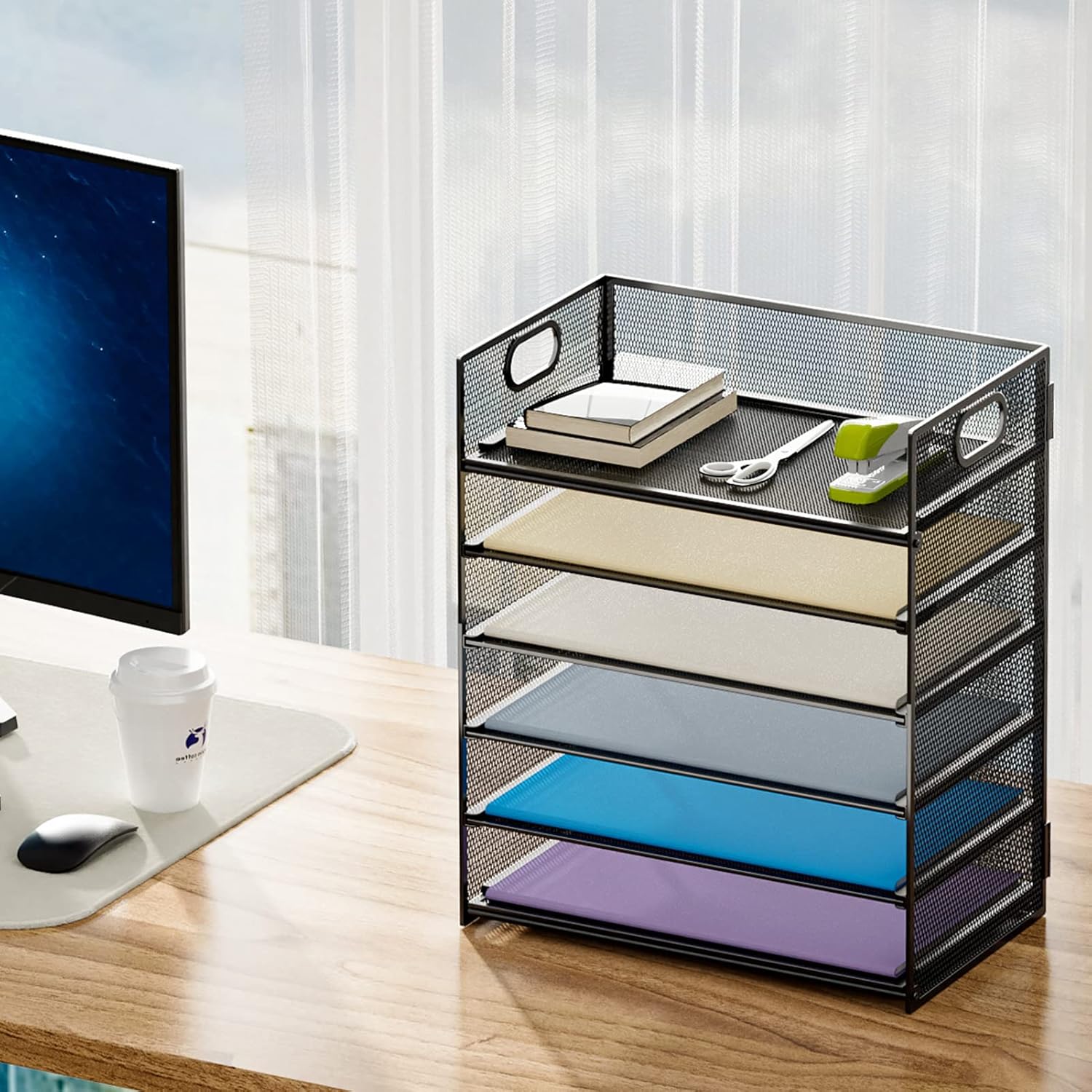 6 Tier Paper Organizer Letter Tray - Mesh Desk File Organizer with Handle, Paper Sorter Organizer for Letter/A4