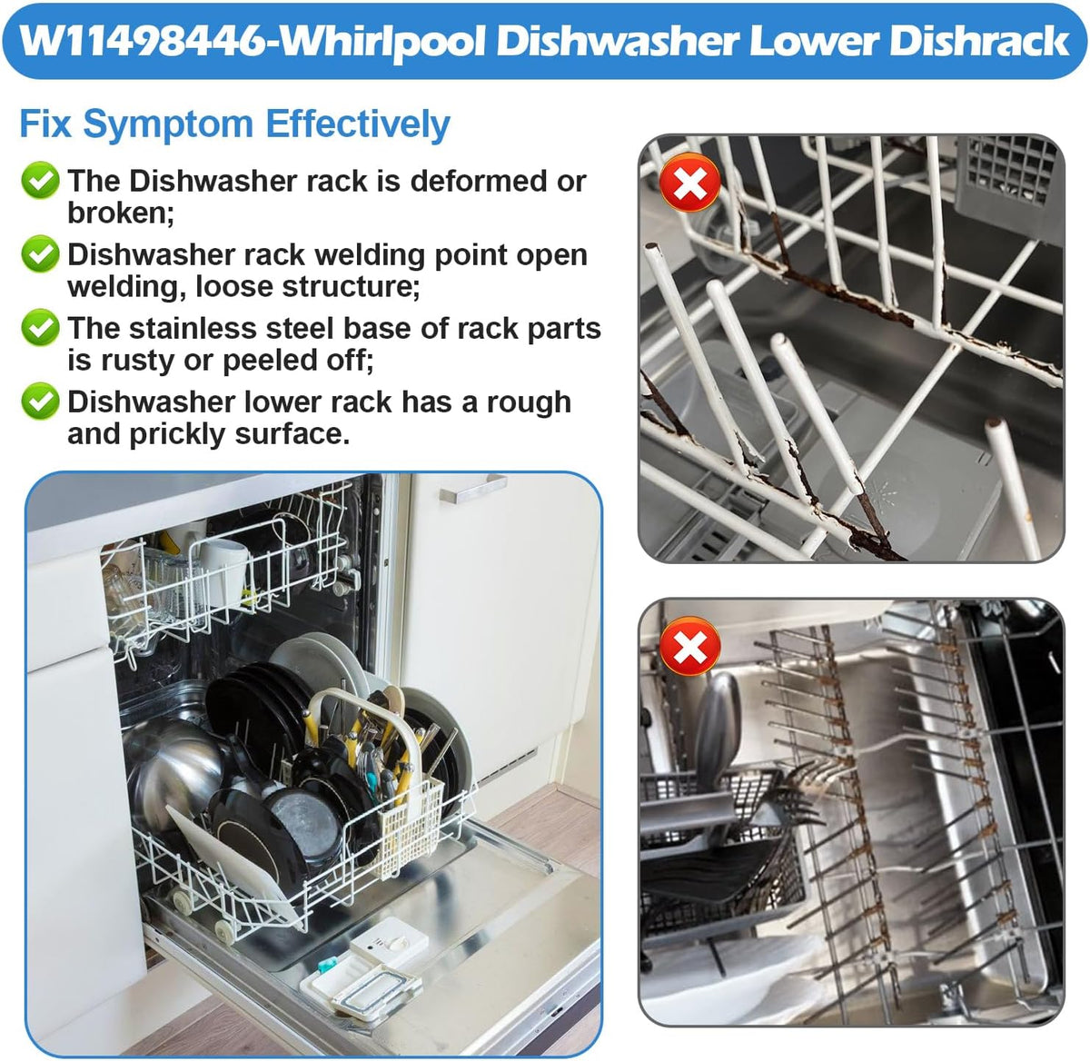 W11498446 Lower Dishrack Assembly for Whirlpool Dishwasher Rack Replacement