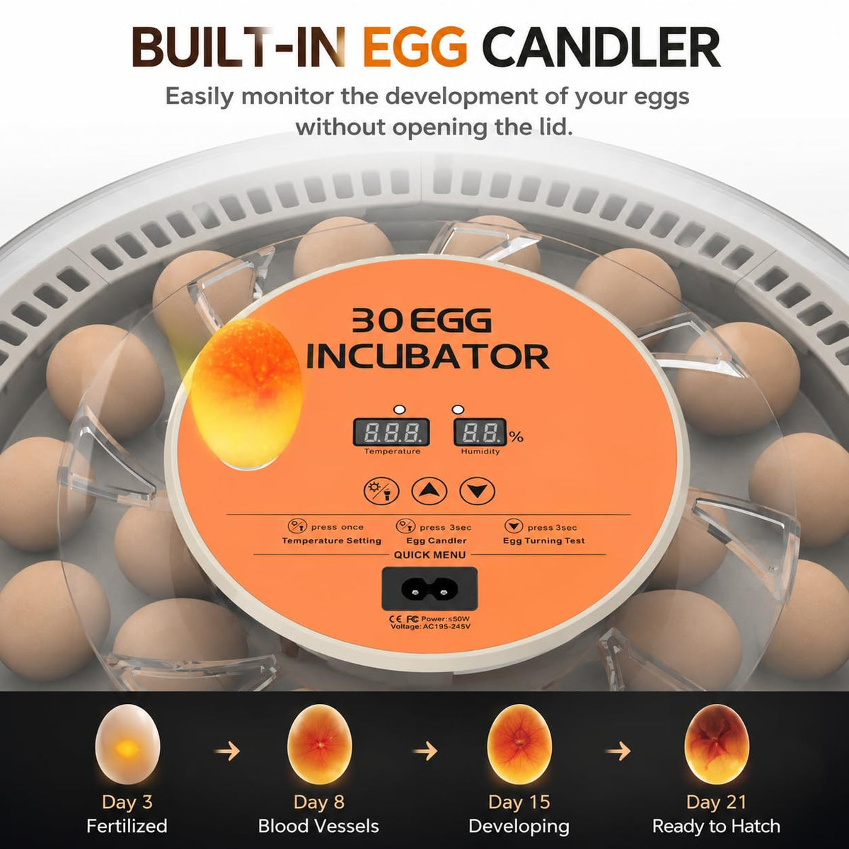 30 Egg Incubator with Automatic Egg Turning, Temperature Control and Humidity Monitor Incubators for Hatching Eggs