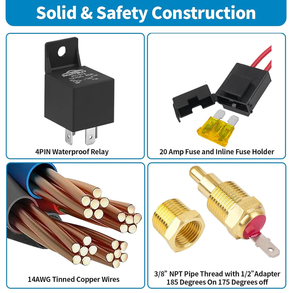 Electric Fan Relay Kit 40 AMP Automotive Relay Thermostat Switch Kit for Radiators Fans Temperature Sensor Switch 185