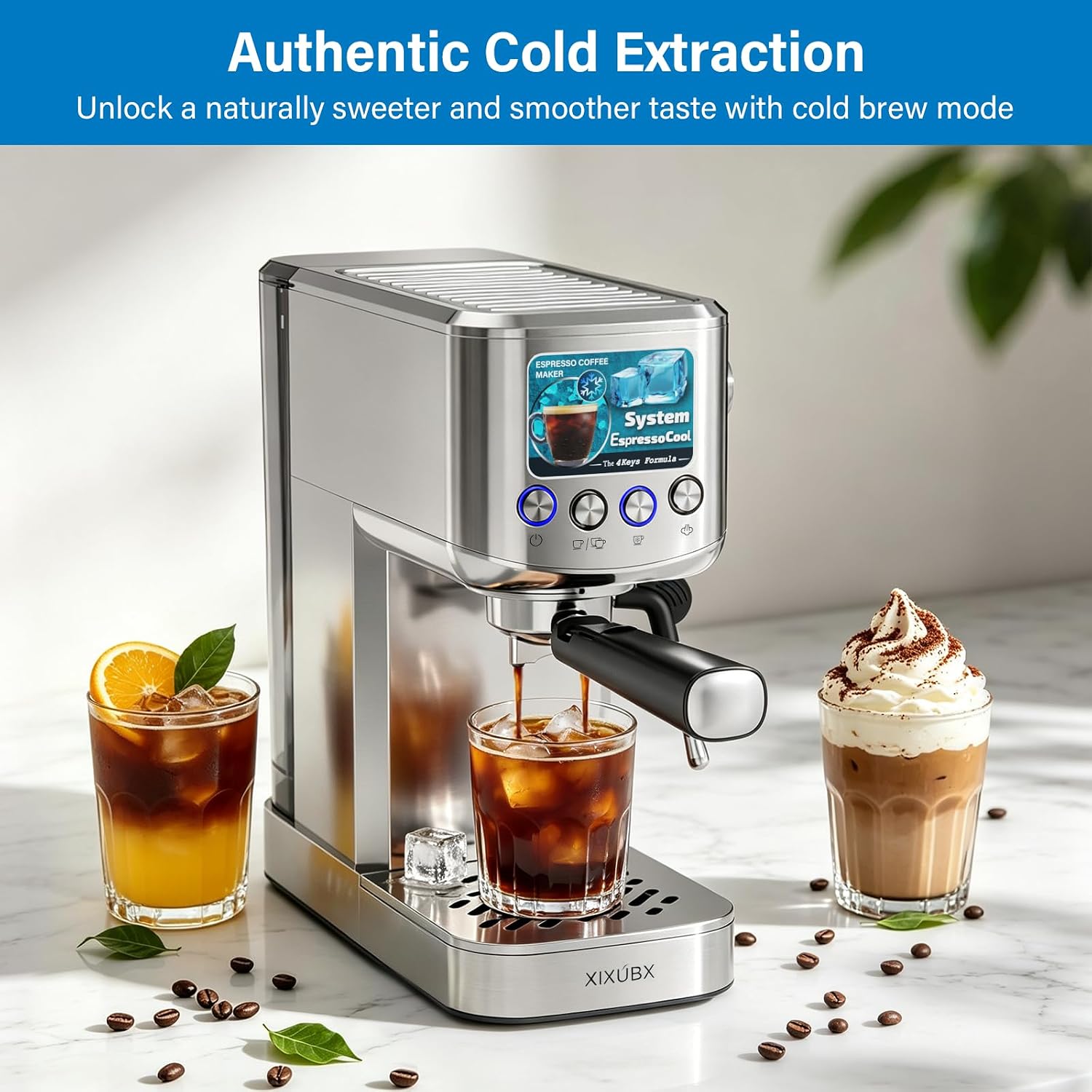 Cold Brew Espresso Maker with Steam Wand for Home & Office | Precise Pressure Gauge, 20 Bar Pump, 42 oz Water Tank
