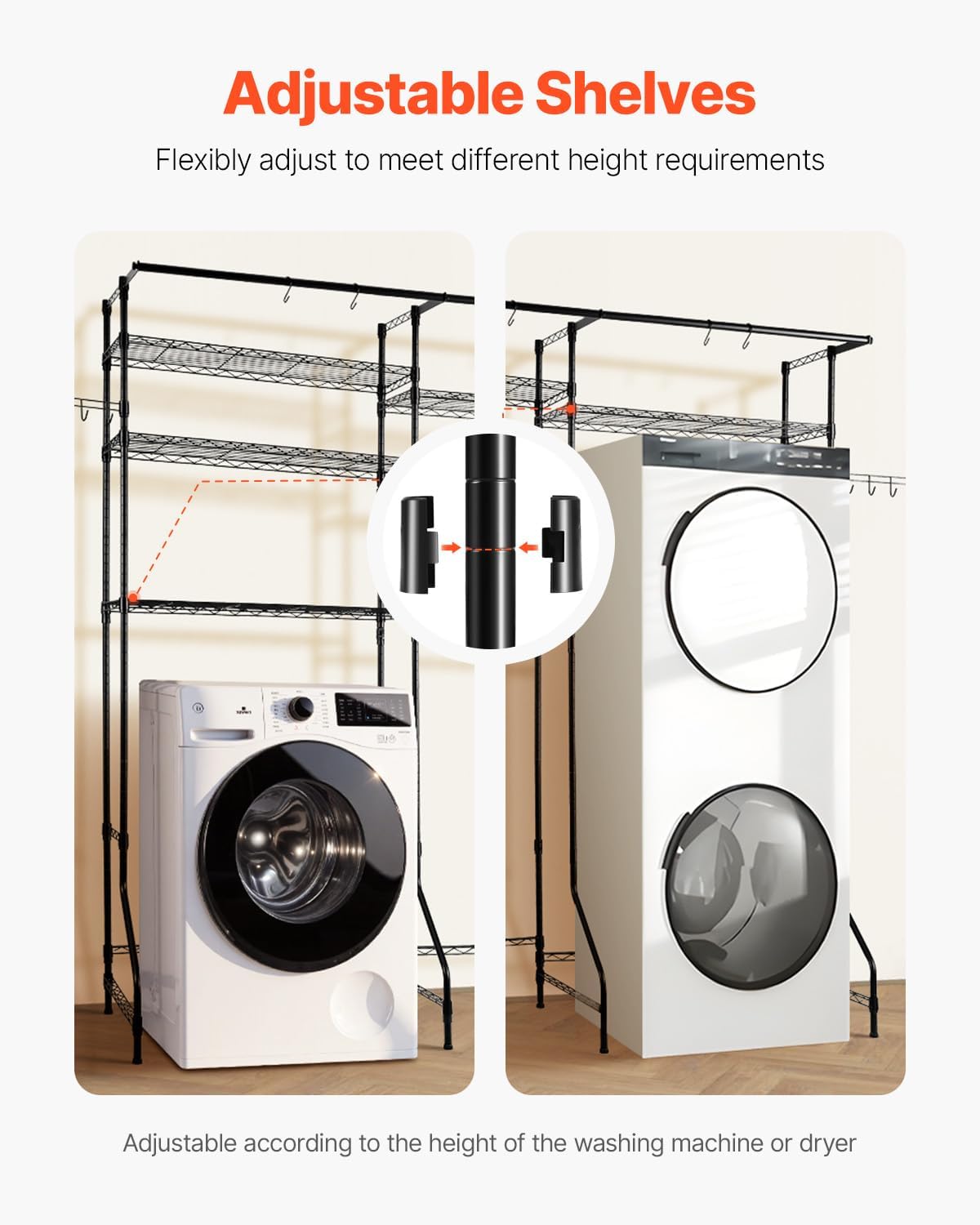 Over Washer and Dryer Storage Shelves, 6 Tiers Laundry Room Drying Rack with Hanger Rod and Hooks, Two Rows