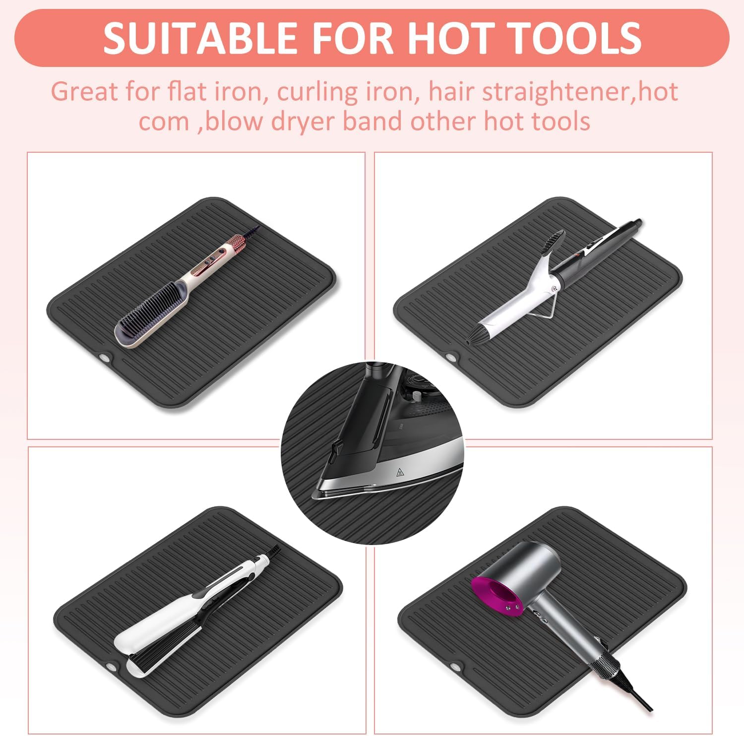 Large Heat Resistant Silicone Mat for Hair Tools: Curling Iron, Flat Iron, Hair Straightener - Portable Hair Styling