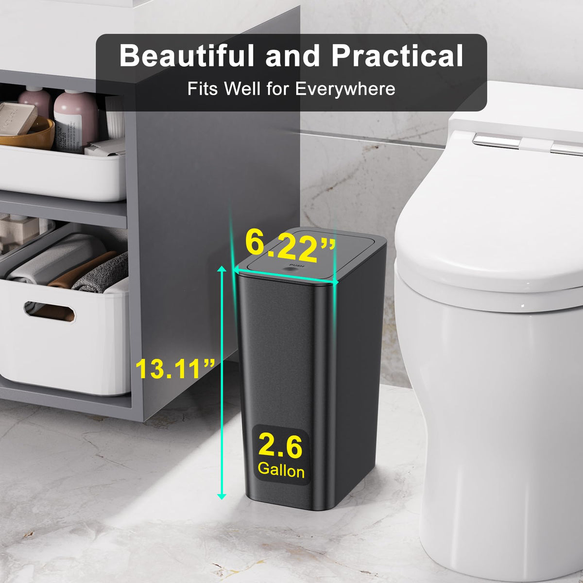 NETDOT 3 Pack 10 L/2.6 Gal Bathroom & Kitchen Trash Can with Press Type Lid, Black Slim Garbage Cans for Bathroom