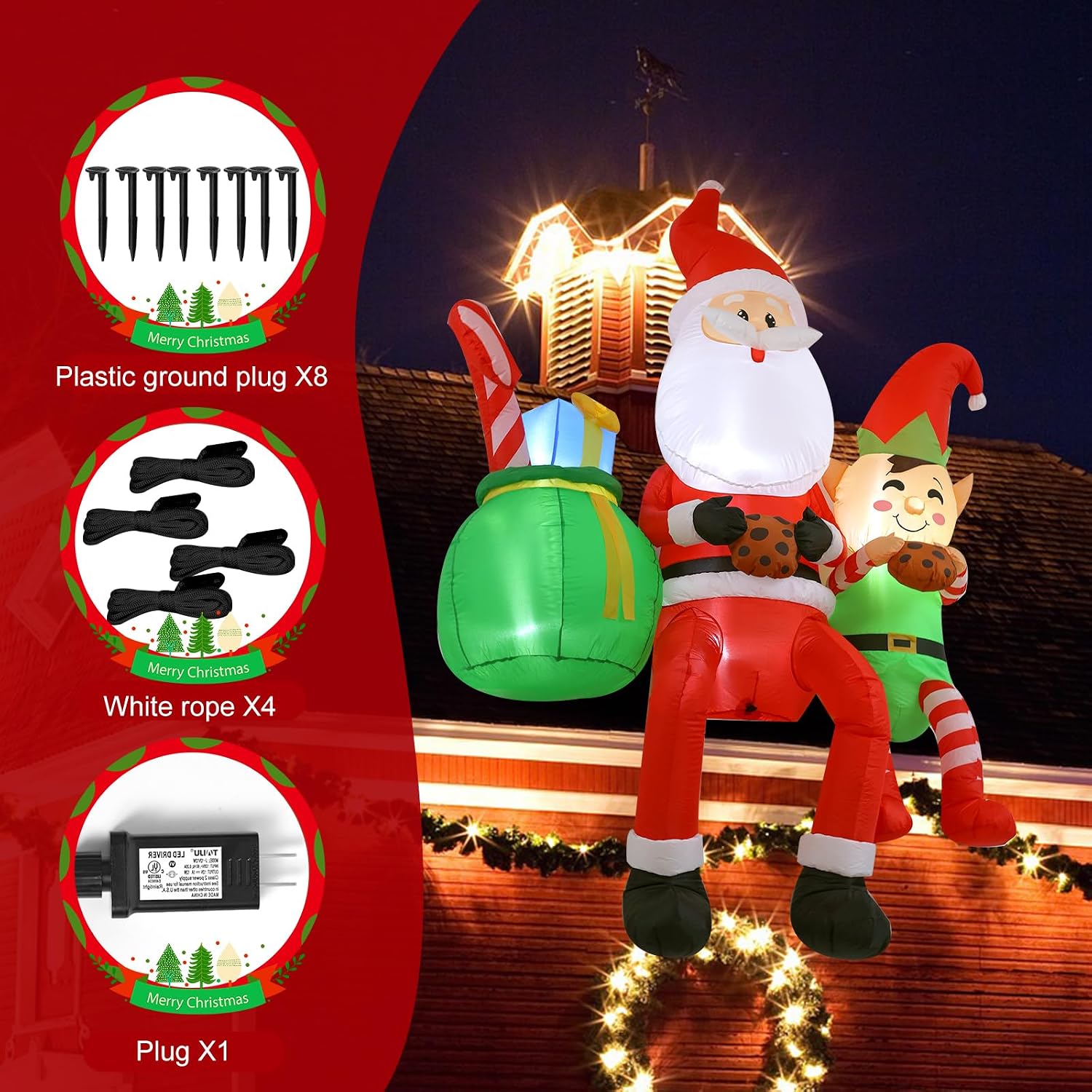 8FT Santa Claus Sitting on the Roof Christmas Inflatable Decoration with LED Lights, Suitable for Holiday Celebration
