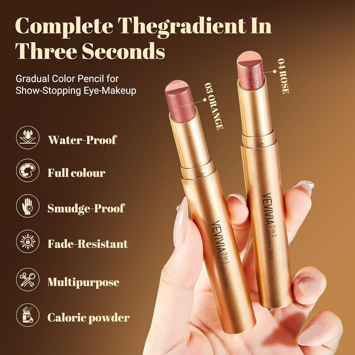 Vevivia 2-Pack 3-Color Eyeshadow Sticks, Waterproof Rose & Orange Shimmer