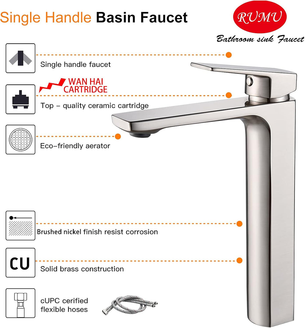 Vessel Sink Facuet Brushed Nickel Single Handle Tall Bathroom Sink Faucet Vanity Bathroom Faucet, Rv Lavatory Vanity