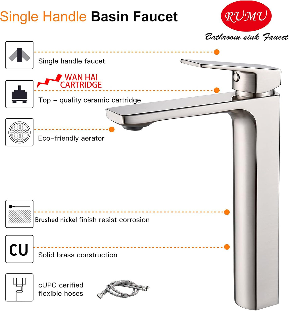 Vessel Sink Facuet Brushed Nickel Single Handle Tall Bathroom Sink Faucet Vanity Bathroom Faucet, Rv Lavatory Vanity