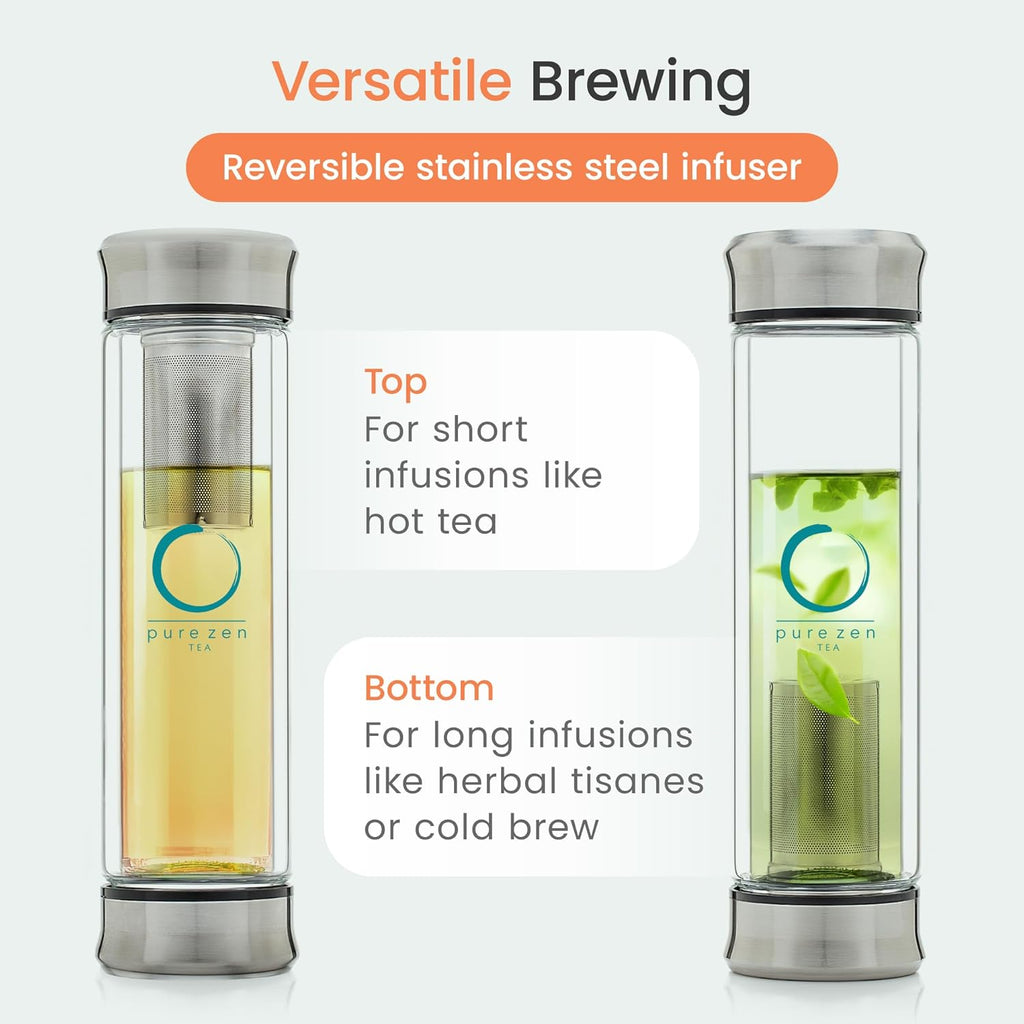 Infuser Bottle - Double Wall Glass Travel Mug with Stainless Steel Filter - Leakproof Tea Tumbler with Infuser for