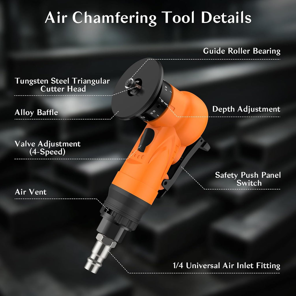 Pneumatic Chamfer Tool, 6 C & 6 R Angle Blades, 30000 RPM- Orange