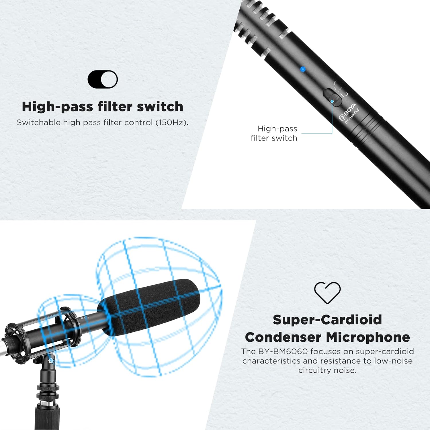 XLR Microphone BY-BM6060 Super-Cardioid Shotgun Condenser Microphone with 24 48V Phantom Power for Camera Film