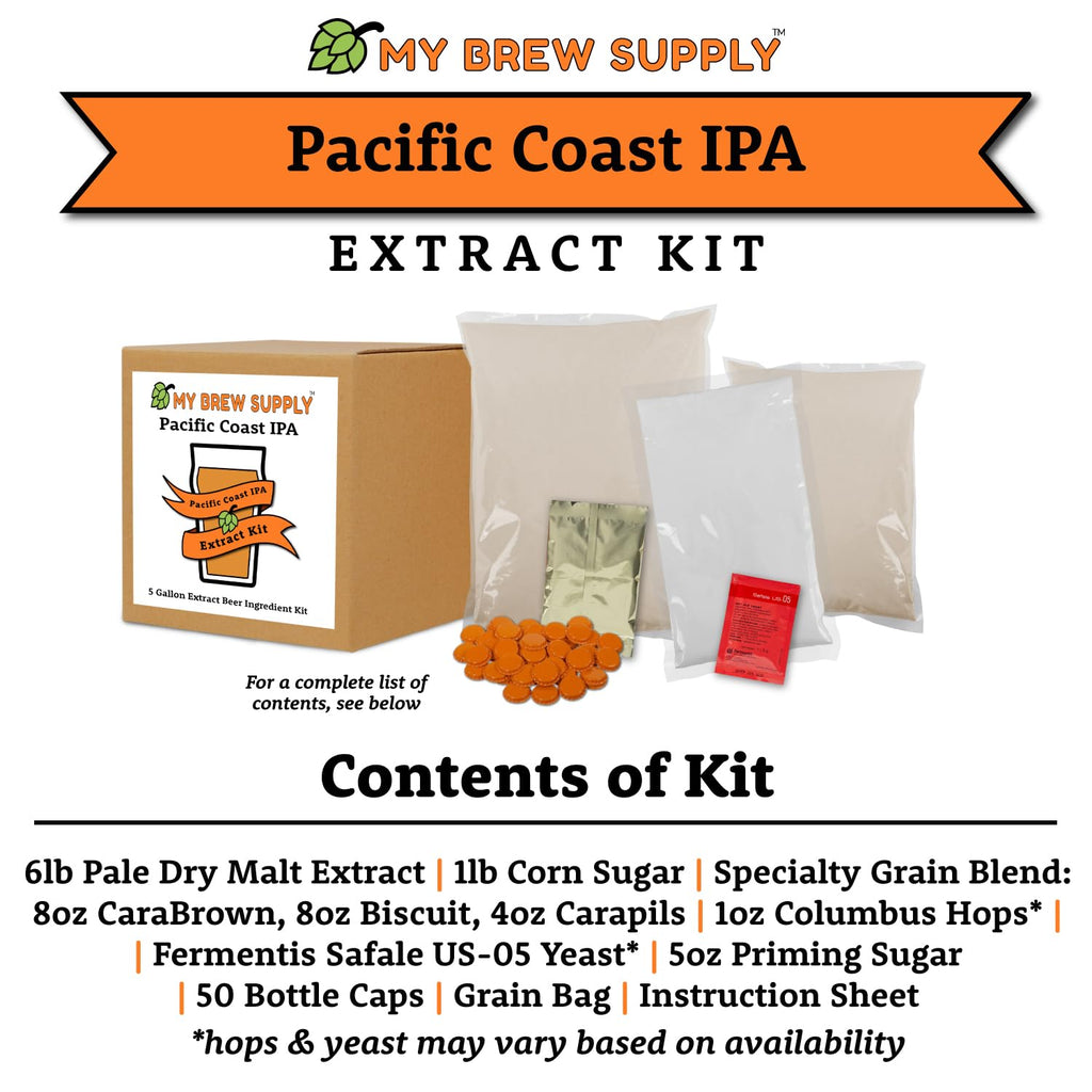 Pacific Coast IPA Extract Kit | Pale Dry Malt Extract | Carabrown, Biscuit Malt, & Carapils Grain | Columbus Pellet