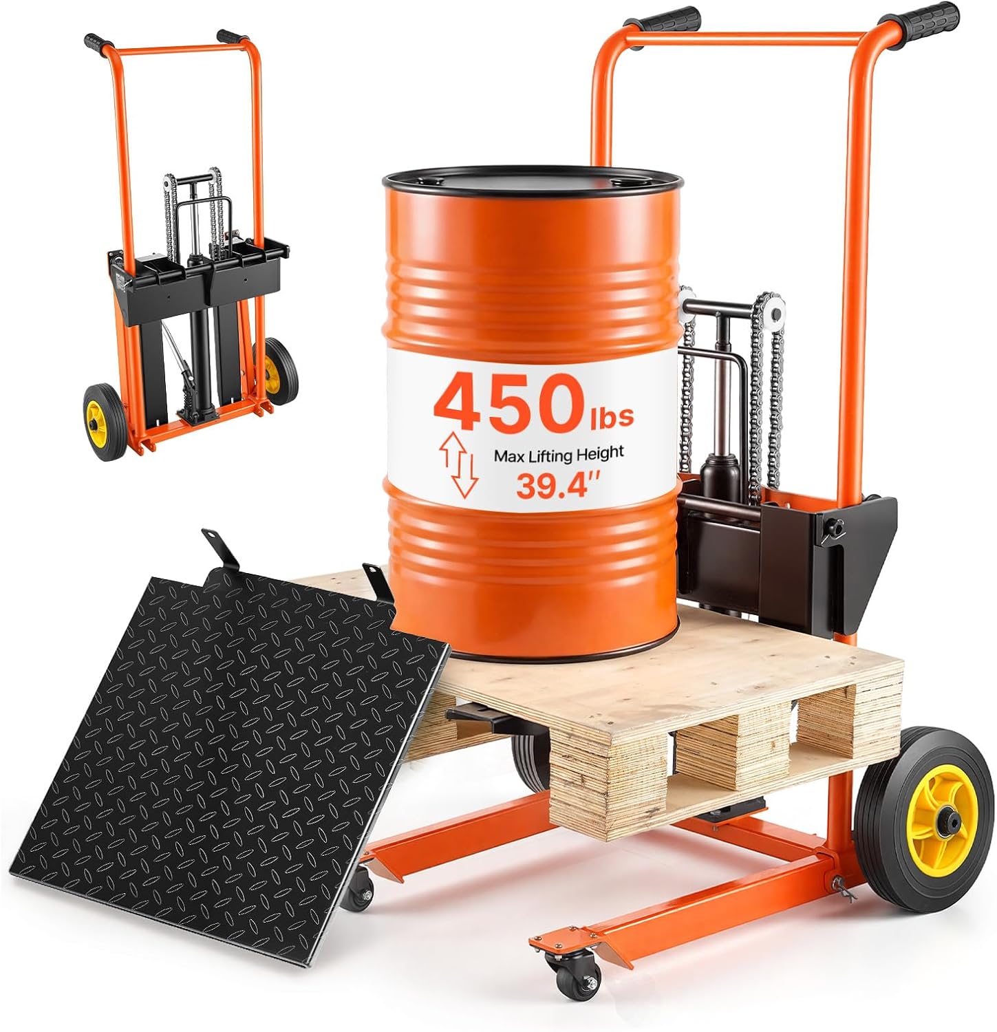 Hydraulic Material Lift Winch Stacker, 450 lbs Load Capacity, 39.4'' Max Lifting Height, Pallet Truck Dolly with Fork
