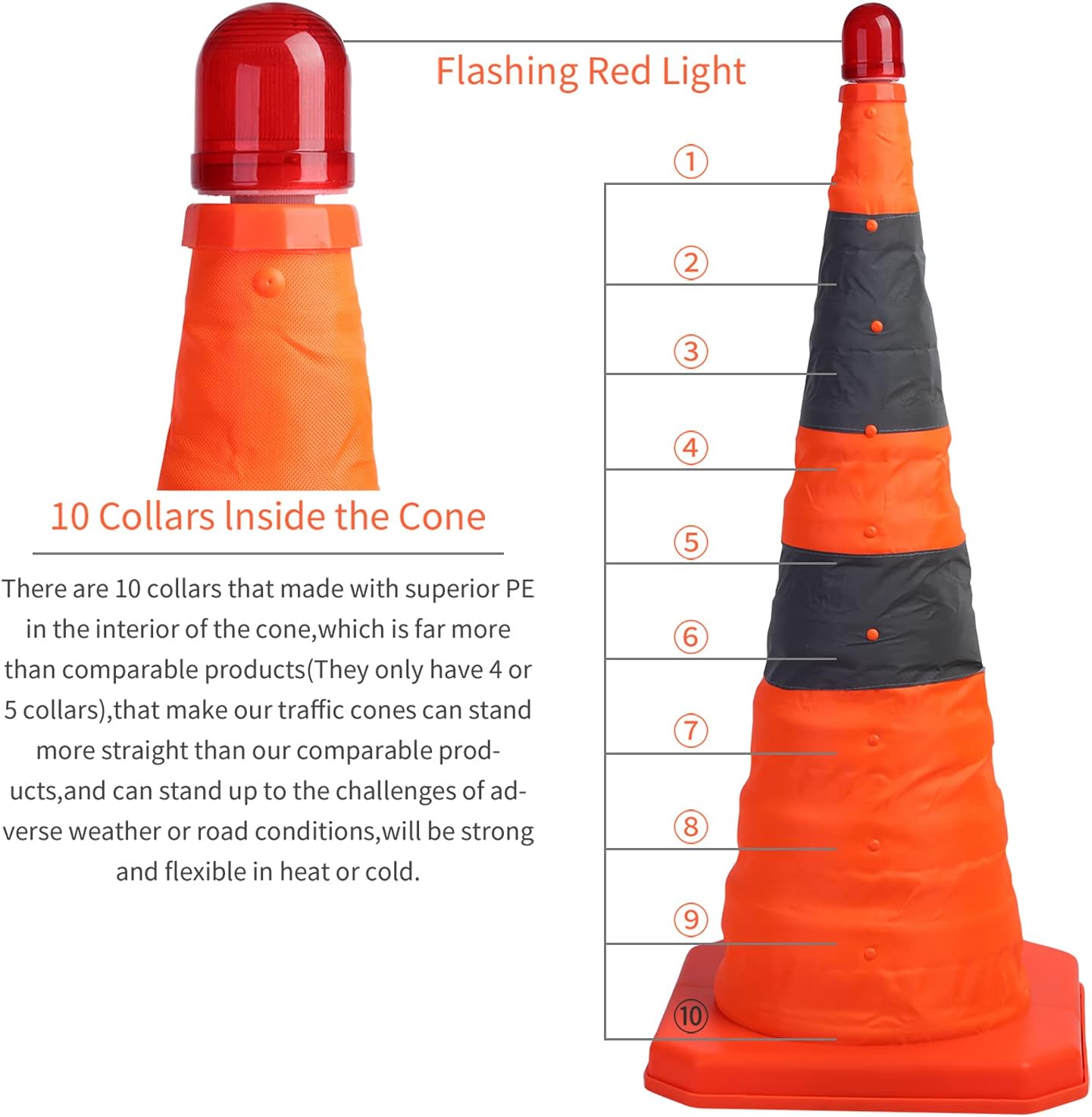 4 Pack 28 inch Collapsible Traffic Cones with LED Light Orange | Orange Collapsible Traffic Cones with Reflective