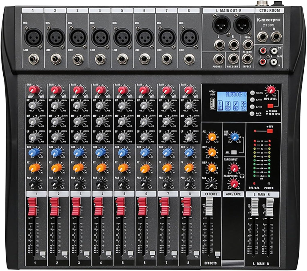 8 Channel Professional Audio Mixer Console Sound Board with 48V Phantom Power,USB Audio Interface for Live
