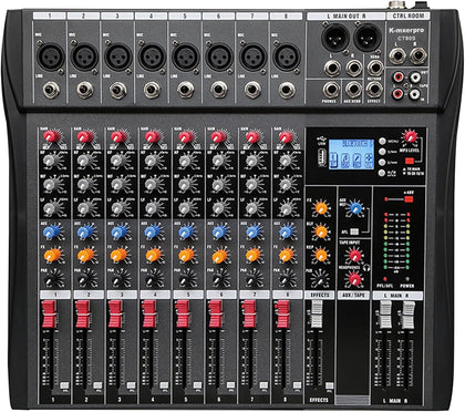 8 Channel Professional Audio Mixer Console Sound Board with 48V Phantom Power,USB Audio Interface for Live